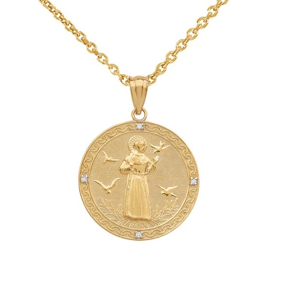 14K Solid Gold Saint Francis of Assisi Medallion Diamond Small Pendant Charm - Picture 1 of 8